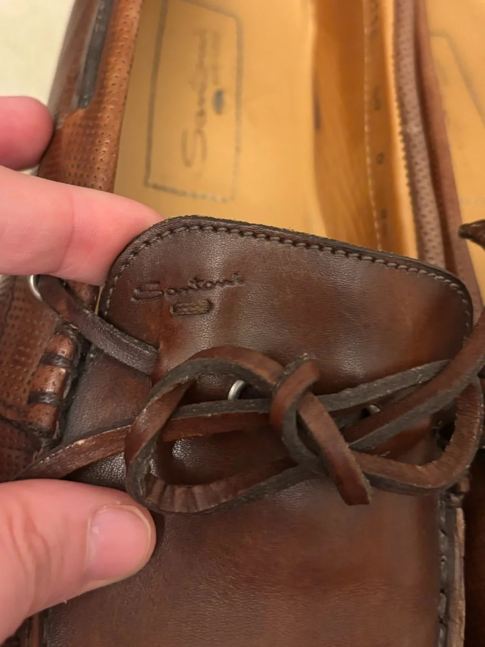 Santoni Men's Brown Leather Driving Shoes Loafers Lace Tie Moc Toe Size 9.5 D US